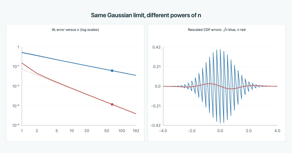 Exact Wasserstein central-limit errors and rescaled CDF errors for symmetric Bernoulli and uniform random variables.