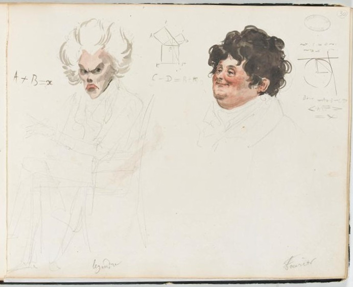 Watercolor caricatures of Adrien-Marie Legendre and Joseph Fourier by Julien-Léopold Boilly