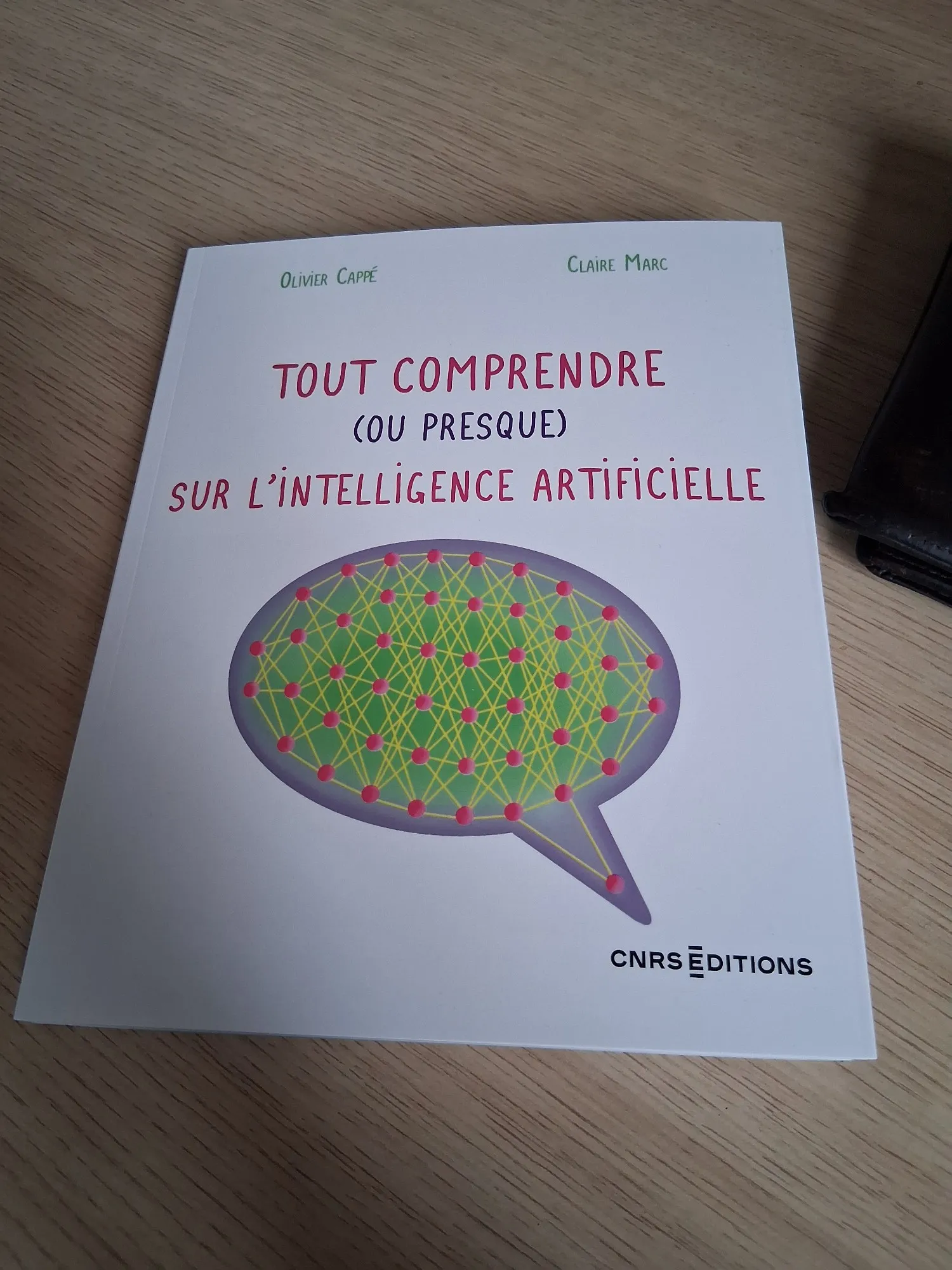Photograph of Tout comprendre (ou presque) sur l’intelligence artificielle by Olivier Cappé and Claire Marc, with its illustrated cover, on a wooden desk.