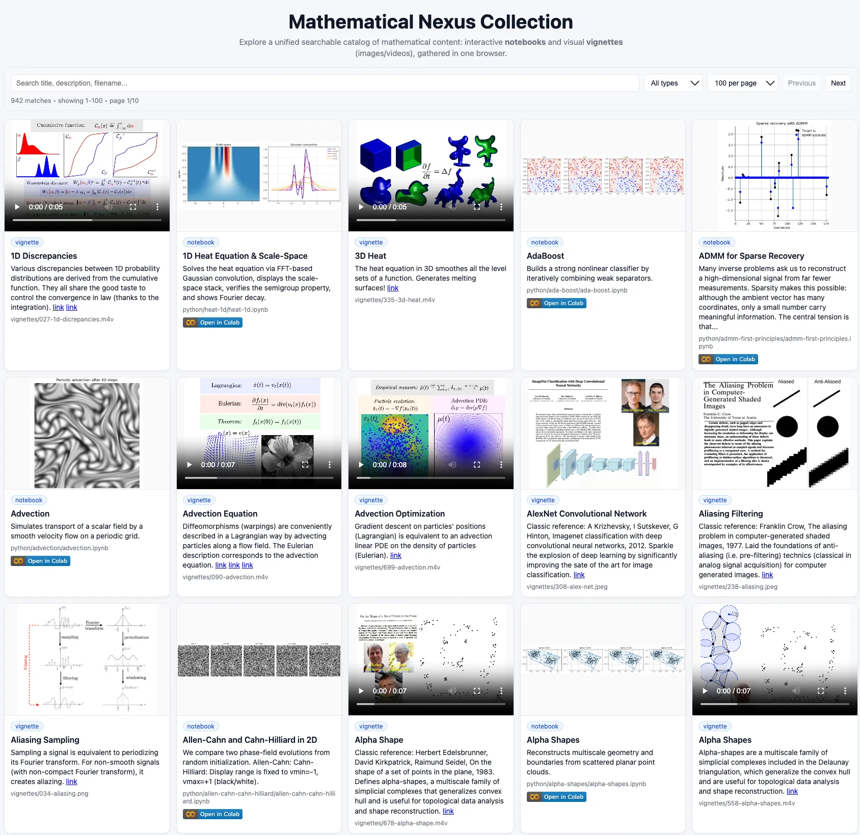 The Mathematical Nexus catalogue, with a grid of mathematical animations and notebook previews.