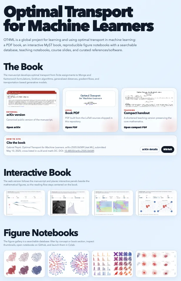 The homepage of Optimal Transport for Machine Learners, showing the interactive book and notebook resources.